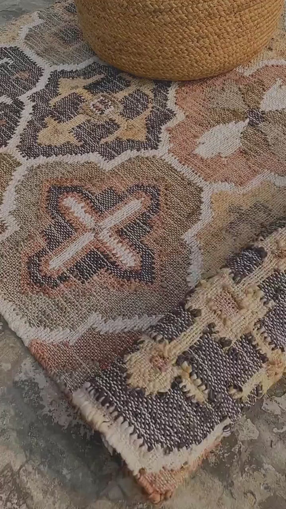 Abstract Floral Hand woven Boho Style Black Beige Natural Jute Rug, Moroccan Flatweave Kilim rug, Customization available