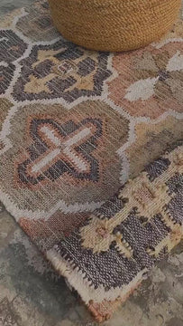 Abstract Floral Hand woven Boho Style Black Beige Natural Jute Rug, Moroccan Flatweave Kilim rug, Customization available