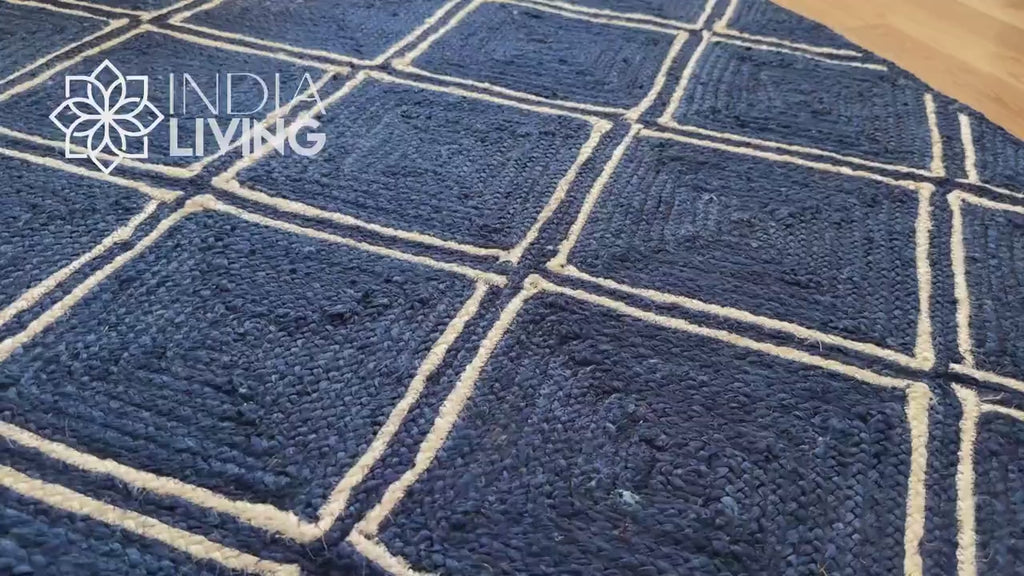 Natural Navy Blue Jute Rug with Textured White Jute Rope | Unique design | Sustainable | Suitable for Bedroom, Living room, Entryway