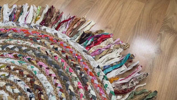 White Chindi Multicolour Rag Braided Boho Rug, Bohemian Jute mat with fringes, Eco friendly Rug, Coastal Rug, Natural Rug, Jute Rag Rug