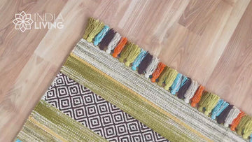 Indian Kilim Green Rug, Handmade Cotton Chenille Rug, Braided Tassels