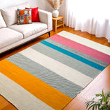 Multicolour striped wool rug, flat lay view
